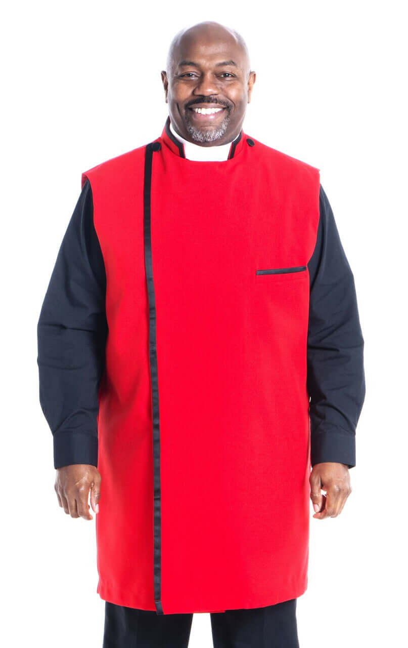Modern Clergy Apron In Red & Black worn by a smiling man, showcasing high-quality design and vibrant colors.