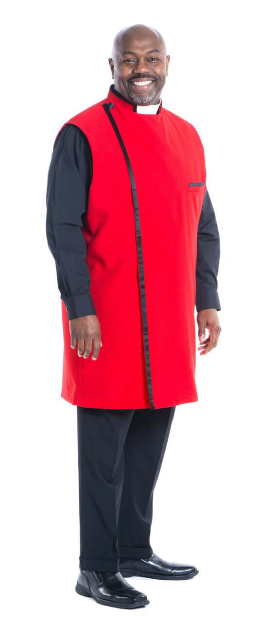Modern Clergy Apron In Red & Black worn by a man, featuring a full cut fit, snap closure, and stylish design.