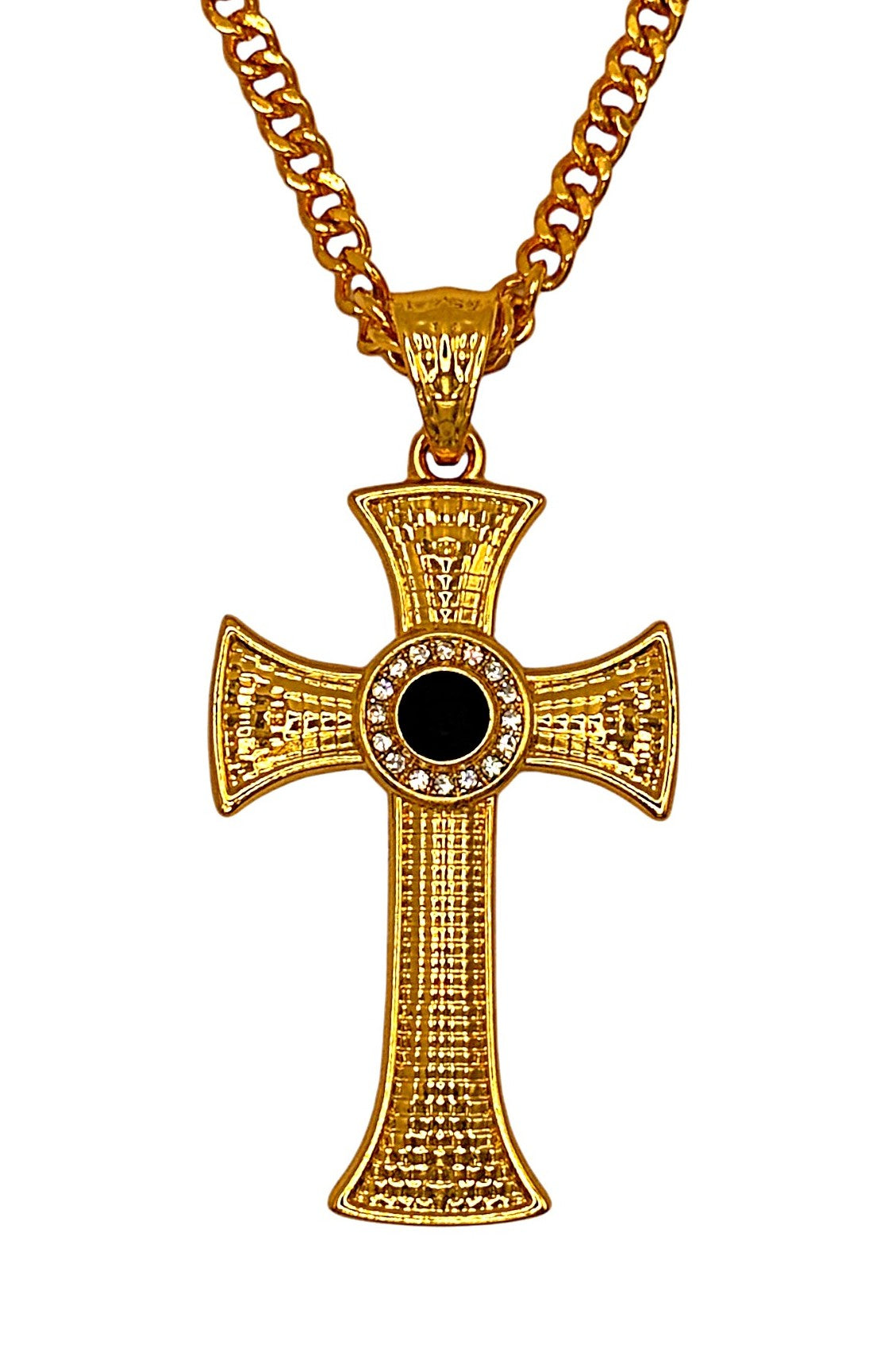 Pectoral Cross & Chain Set In Gold with Black Stones - 006