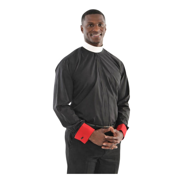 Two-Tone French Cuff Banded Bishop Collar Clergy Shirt In Black & Red ...