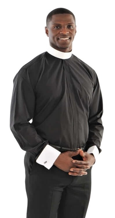 Banded Collar Two-Tone Clergy Shirt In Black - Collar Included