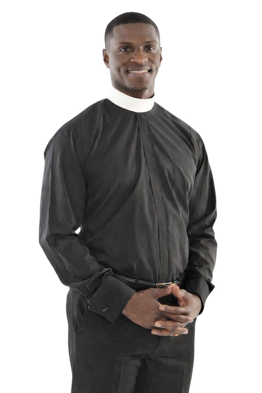 Men's Banded Collar French Cuff Clergy Shirt In Black