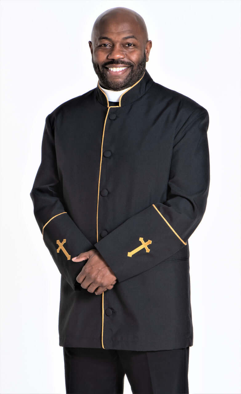 Men's Preacher Clergy Jacket in Black & Gold | Divinity Clergy Wear Men's Preacher Clergy Jacket in Black & Gold | Divinity Clergy Wear