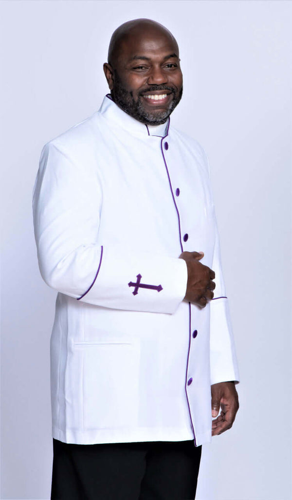 Preach Jacket Men's Preacher Clergy Jacket in White & Purple | Divinity Clergy Wear