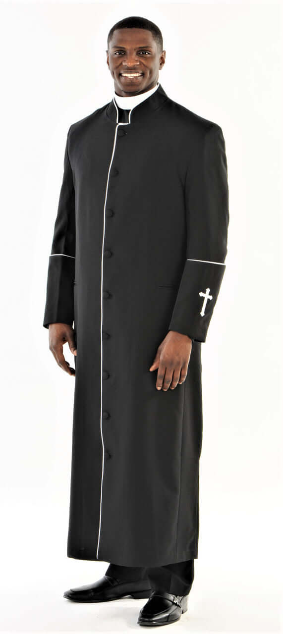 Men's Black & White Preacher Clergy Robe with Piping and Embroidery ...