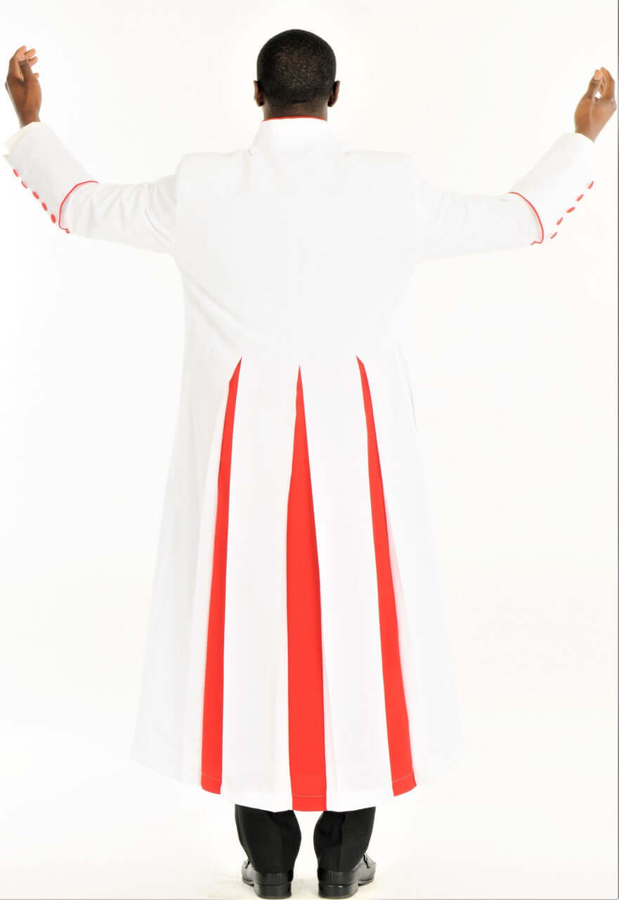 Men's Adam Clergy Robe in White & Red featuring a back view with contrast triple-pleats and piping details.