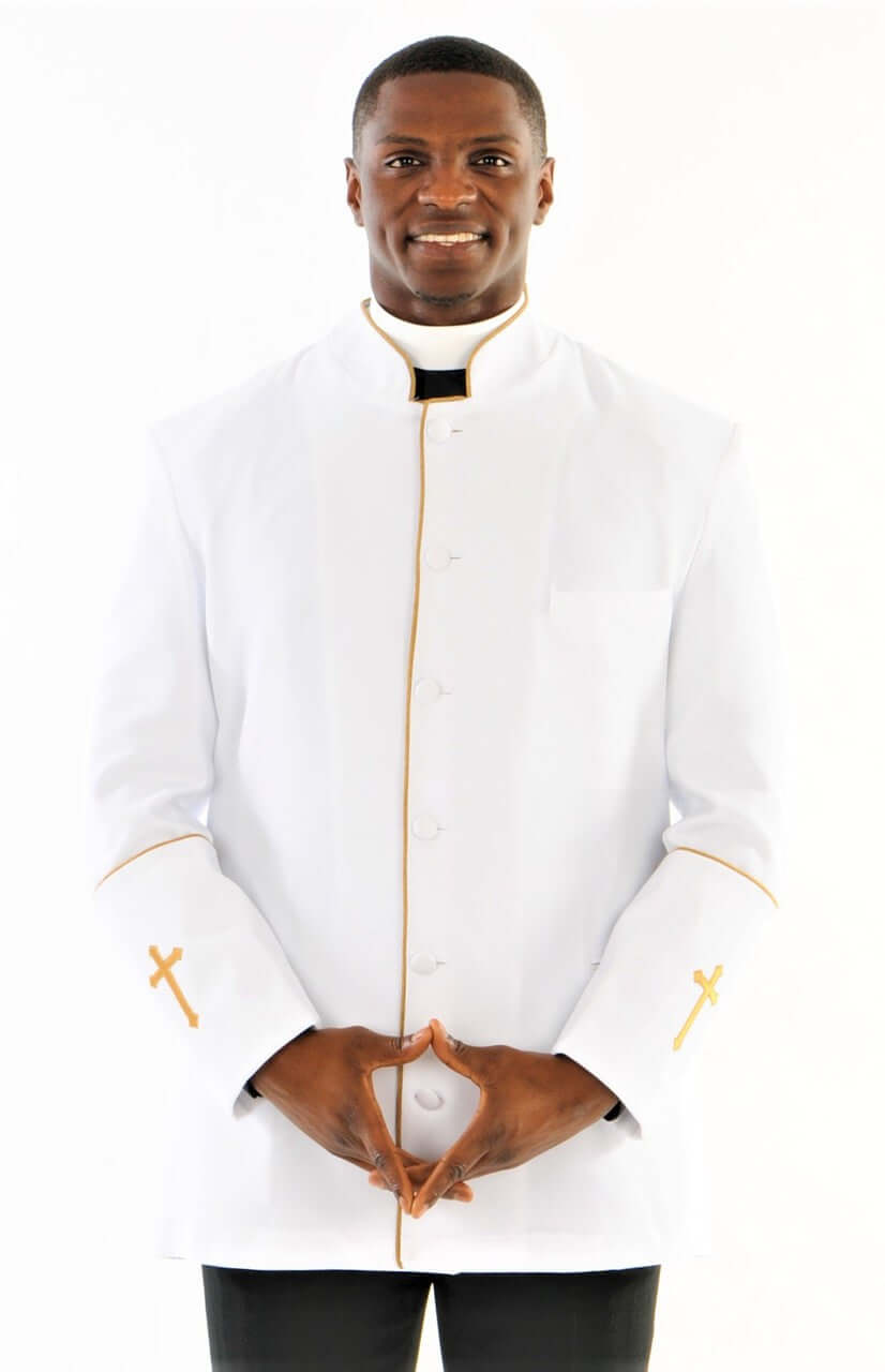 Preach Jacket Men's Preacher Clergy Jacket in White & Gold | Divinity Clergy Wear