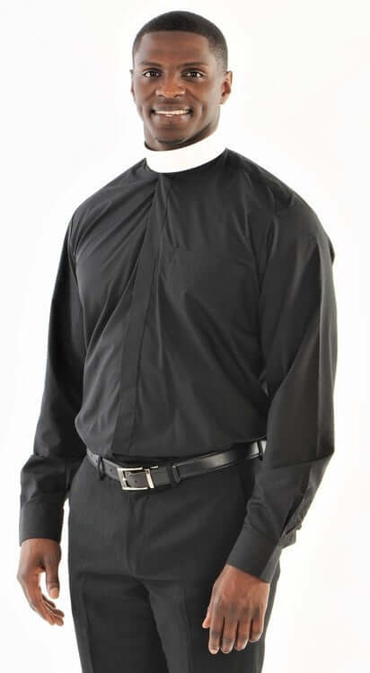 01. Banded Collar Clergy Shirt with Collar & Studs worn by a man in a black suit, showcasing a modern clerical style.