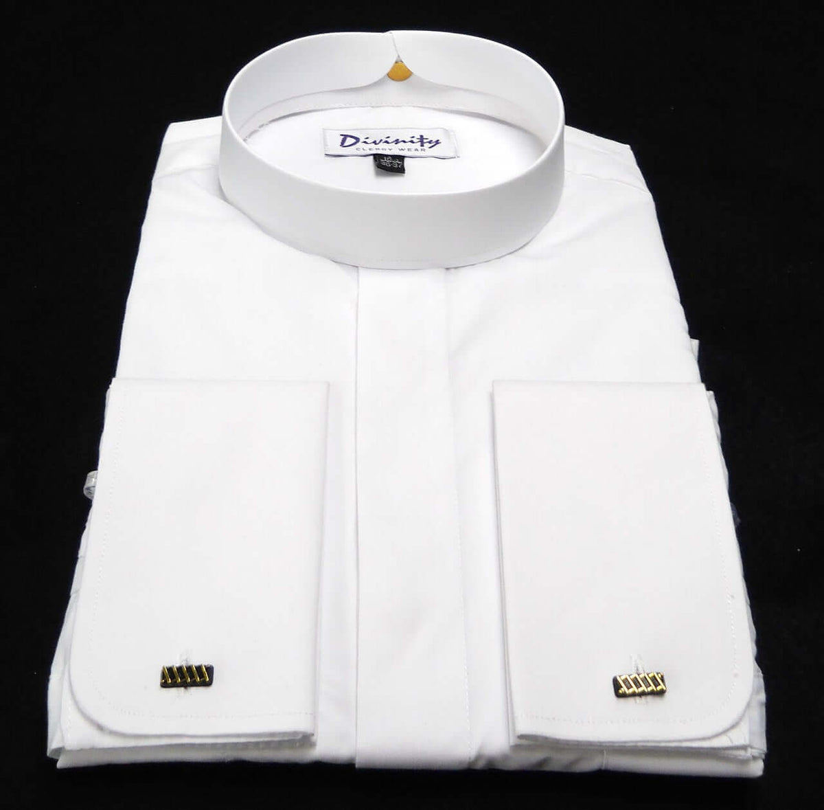 Banded Collar French Cuff Clergy Shirt In White, featuring a clean design with matching French cuffs and banded collar.