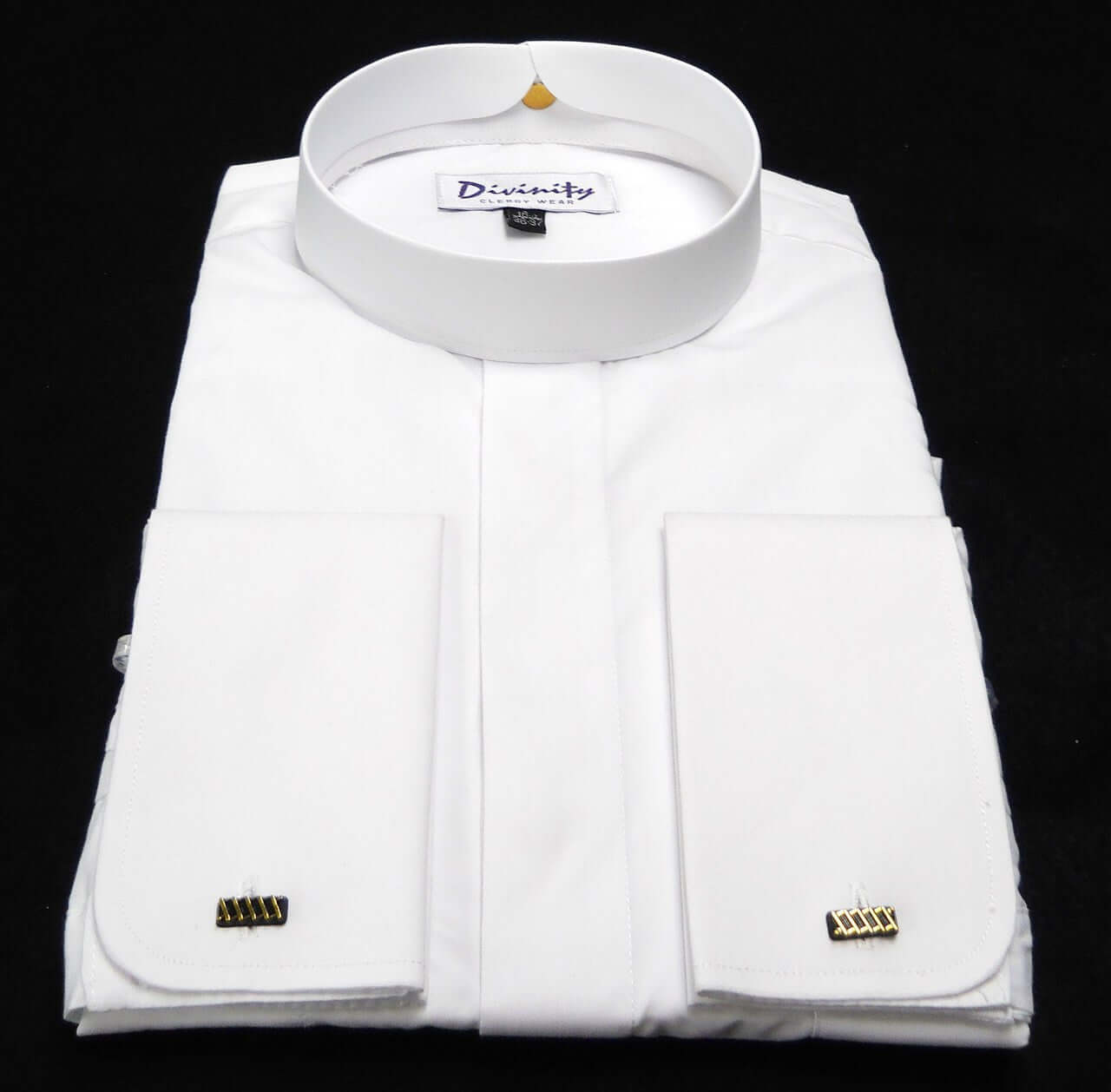 Banded Collar French Cuff Clergy Shirt In White, featuring a clean design with matching French cuffs and banded collar.