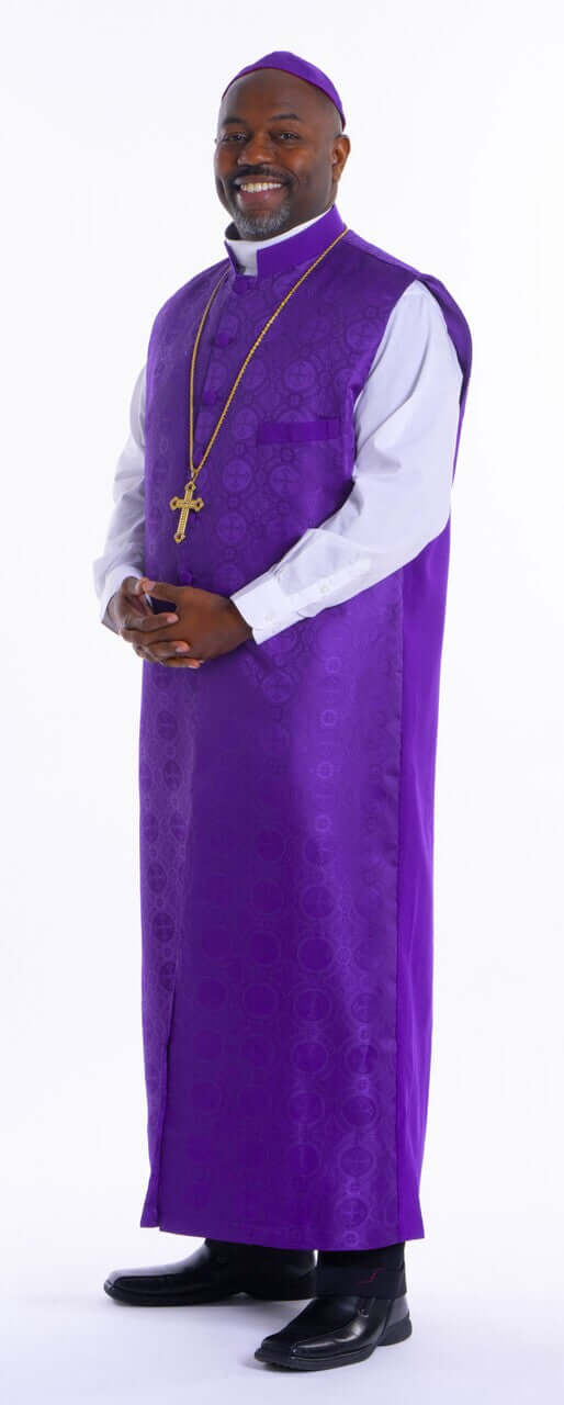 Benedict Full-Length Apron in Purple worn by a man, showcasing the clergy style and damascene brochade material.