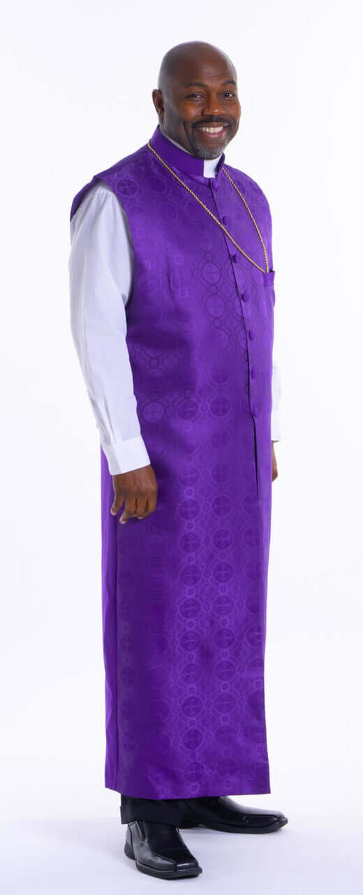 Benedict Full-Length Apron in Purple worn by a man, featuring a majestic damascene brochade material.