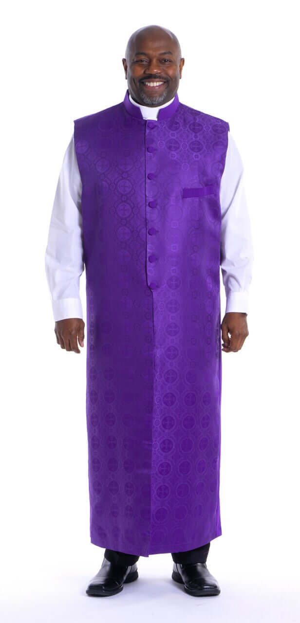 Benedict Full-Length Apron in Purple worn by a man, featuring a sleeveless design and majestic damascene brochade material.