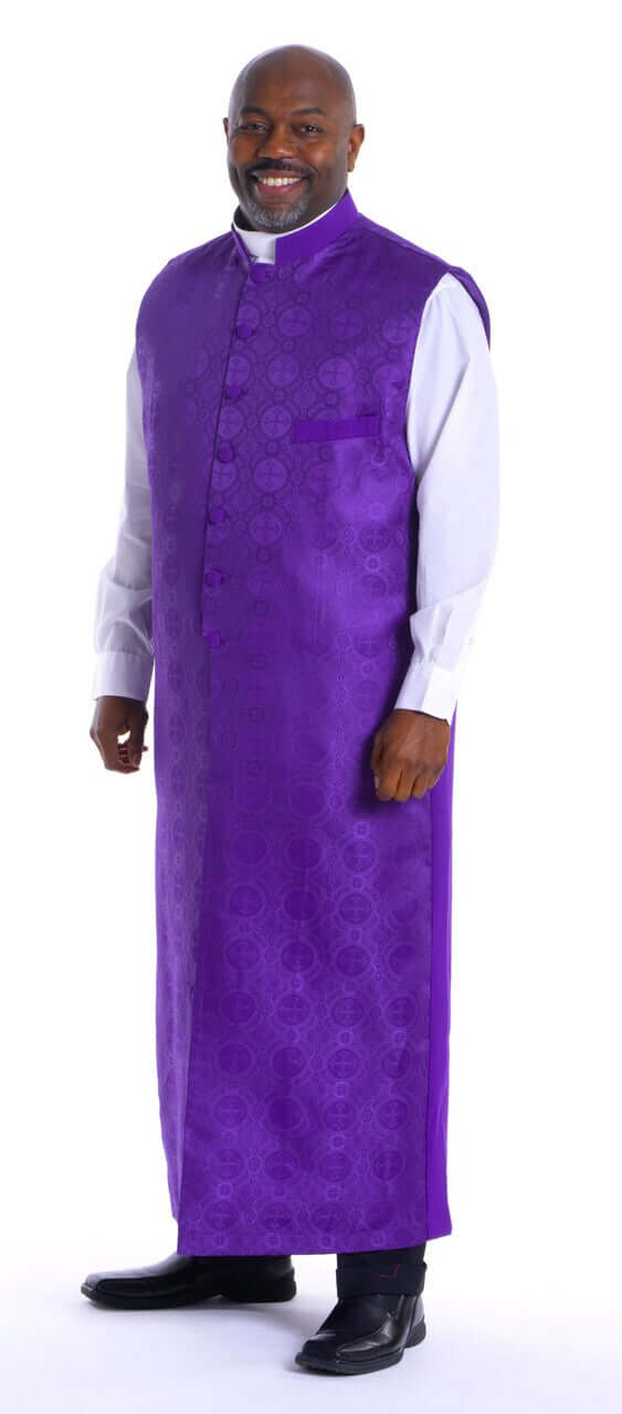 Benedict Full-Length Apron in Purple modeled by a man, showcasing its elegant damascene brochade fabric.