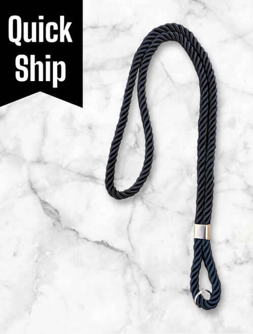 Braided Clergy Cord in Solid Black displayed on a marble background with a Quick Ship banner.