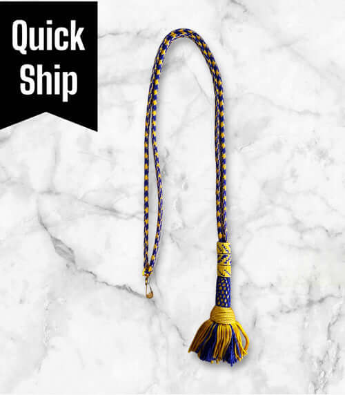 Ceremonial Cord in Royal & Gold with vibrant hook, featuring a tassel and quick ship label.