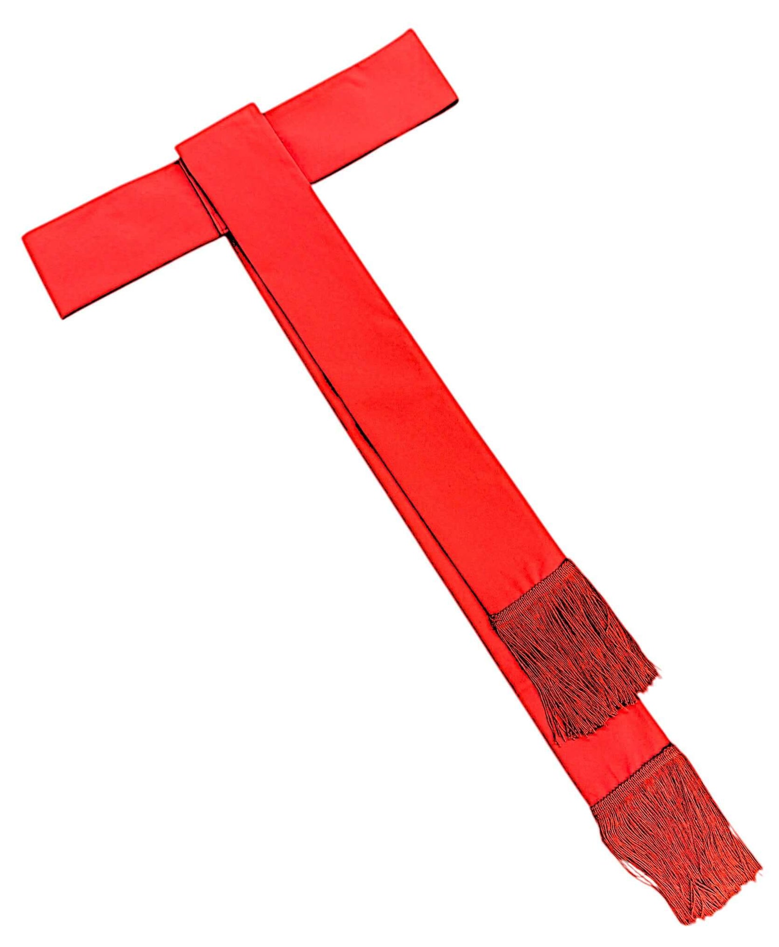 Cincture Belt in Red featuring a long satin design with fringes at both ends.