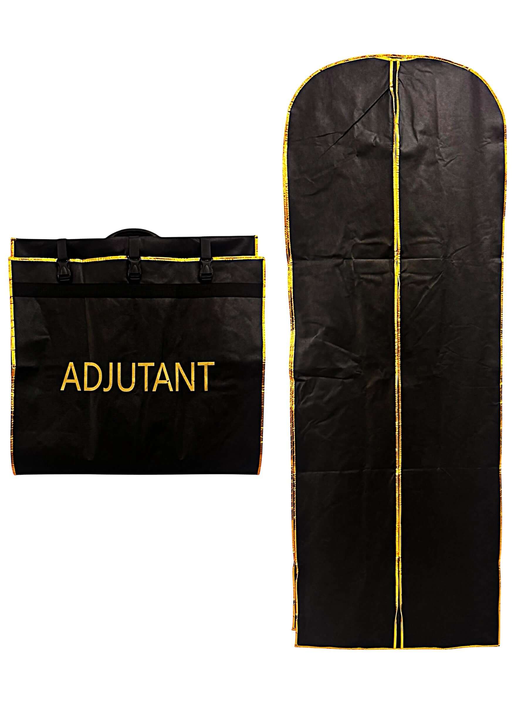 Clergy Robe Travel & Storage Bag in Black & Gold - ADJUTANT displayed with strong handles and zipper closure.