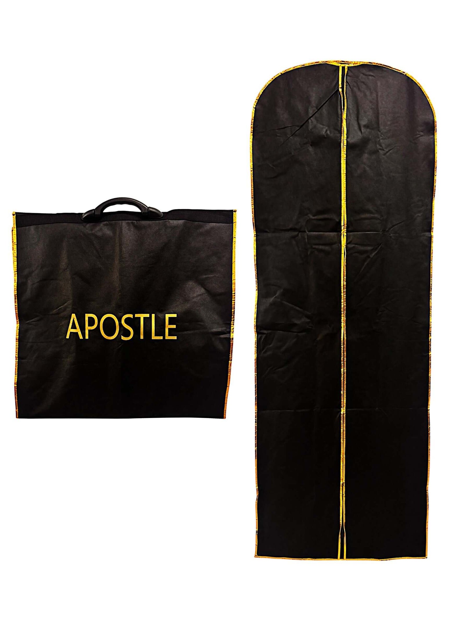 Clergy Robe Travel & Storage Bag in Black & Gold - APOSTLE displayed in open and folded positions for easy travel.