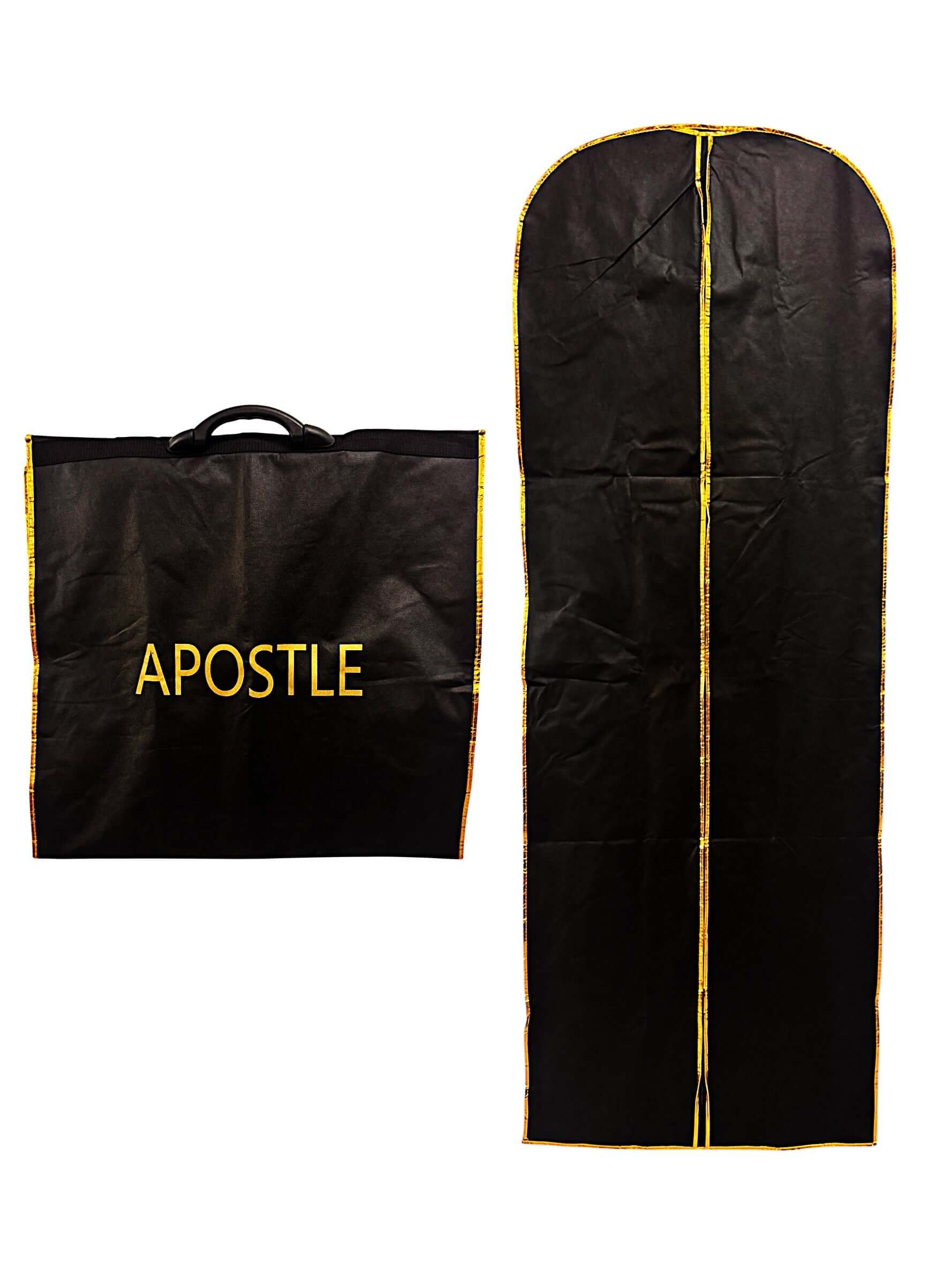 Clergy Robe Travel & Storage Bag in Black & Gold - APOSTLE displayed in open and folded positions for easy travel.