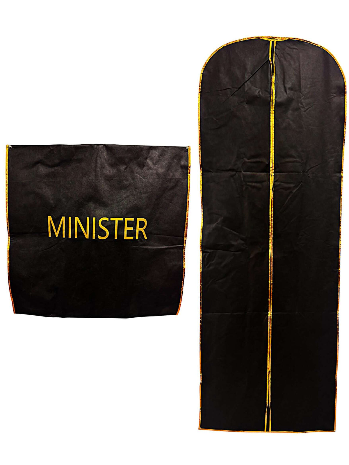 Clergy Robe Travel & Storage Bag in Black & Gold - MINISTER displayed with strong zipper closure and plastic handle.