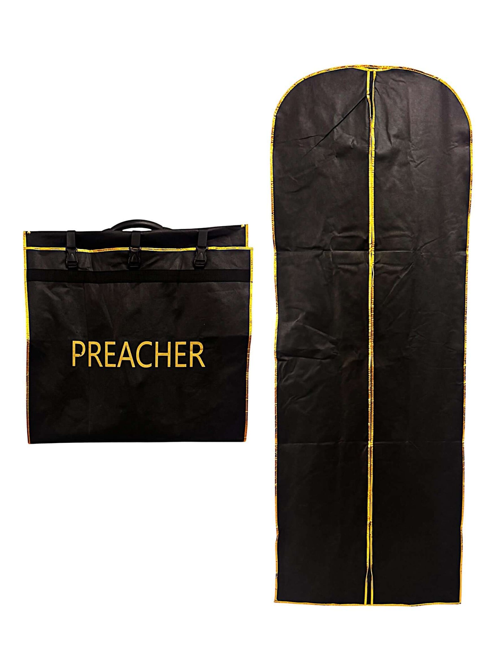 Clergy Robe Travel & Storage Bag in Black & Gold - PREACHER displayed with zipper closure and strong handle.