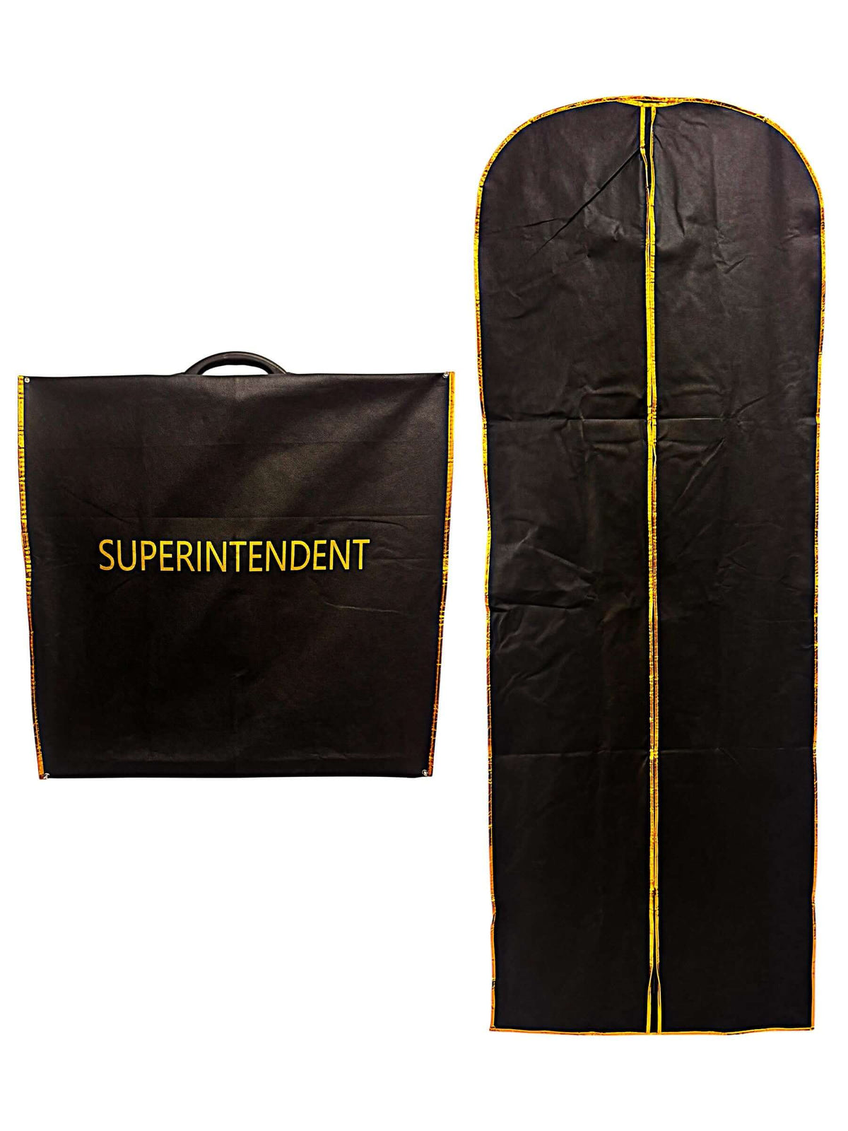 Clergy Robe Travel & Storage Bag in Black & Gold - SUPERINTENDENT showing front and back with handle and zipper.