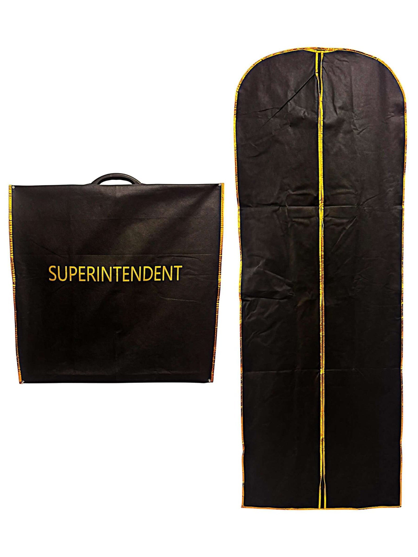 Clergy Robe Travel & Storage Bag in Black & Gold - SUPERINTENDENT showing front and back with handle and zipper.