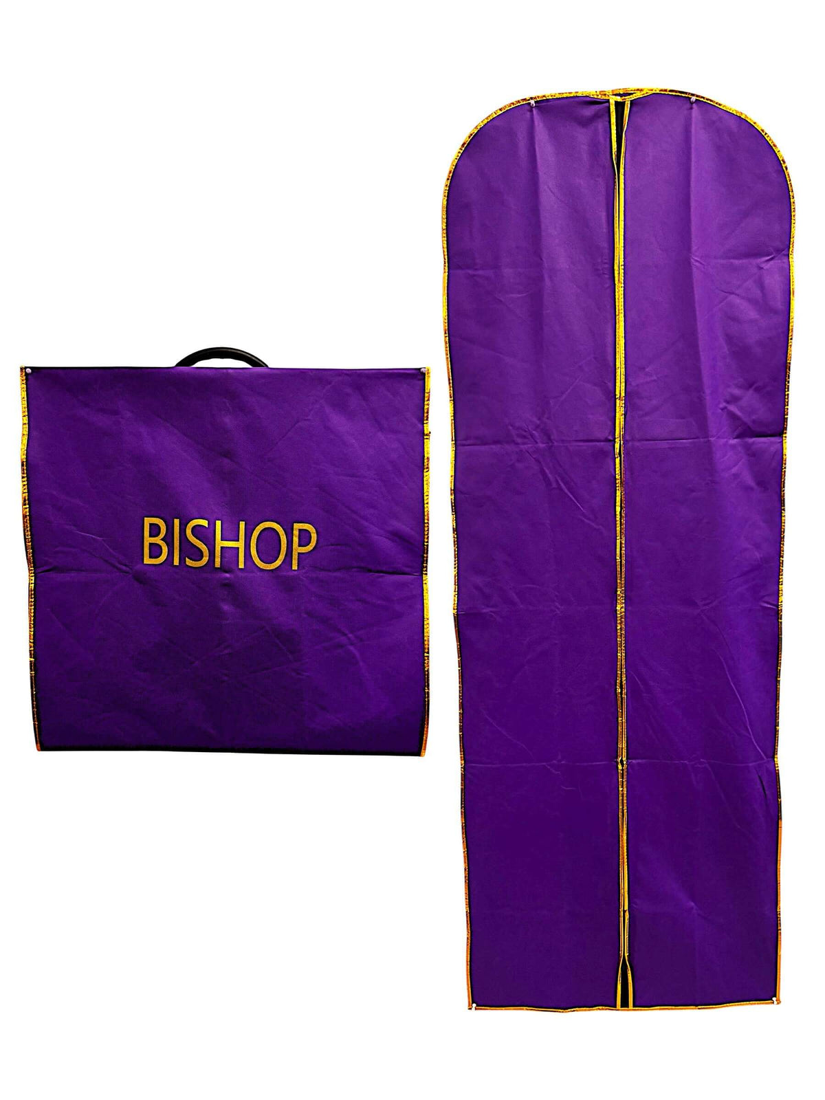 Clergy Robe Travel & Storage Bag in Purple & Gold -  BISHOP, featuring a zipper closure and strong plastic handle.