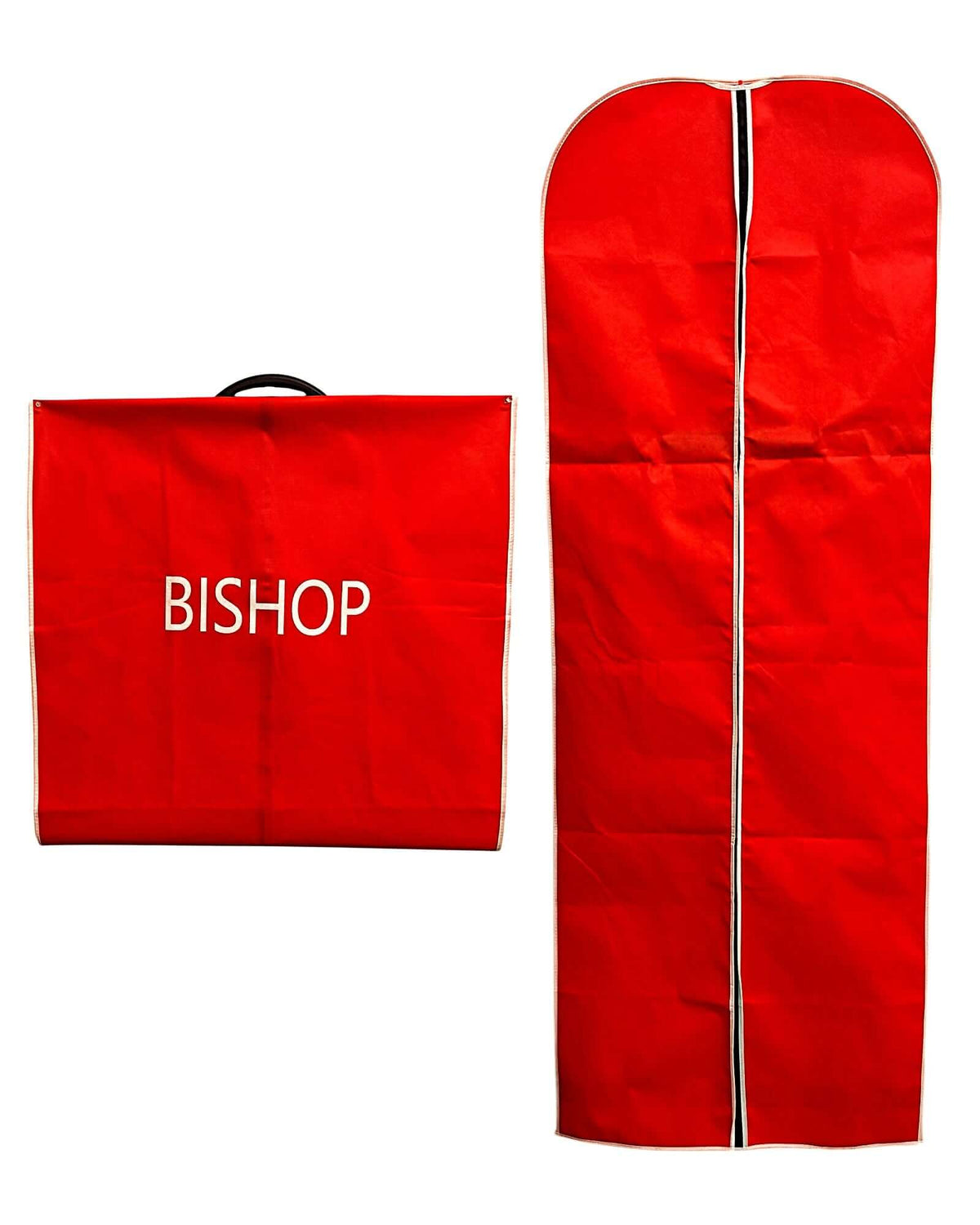 Clergy Robe Travel & Storage Bag in Red & White - BISHOP displayed with a strong plastic handle and zipper closure.