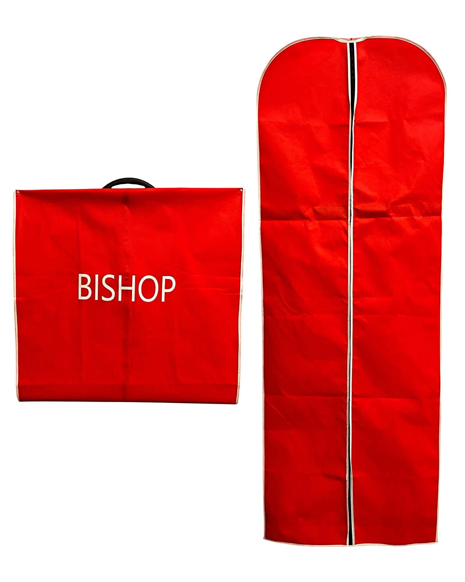 Clergy Robe Travel & Storage Bag in Red & White - BISHOP displayed with a strong plastic handle and zipper closure.