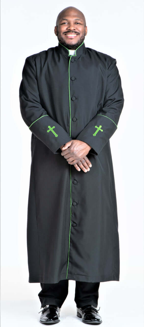 CLOSEOUT: Men's Preacher Clergy Robe in Black & Green, full-length robe with green trim and embroidered cross.