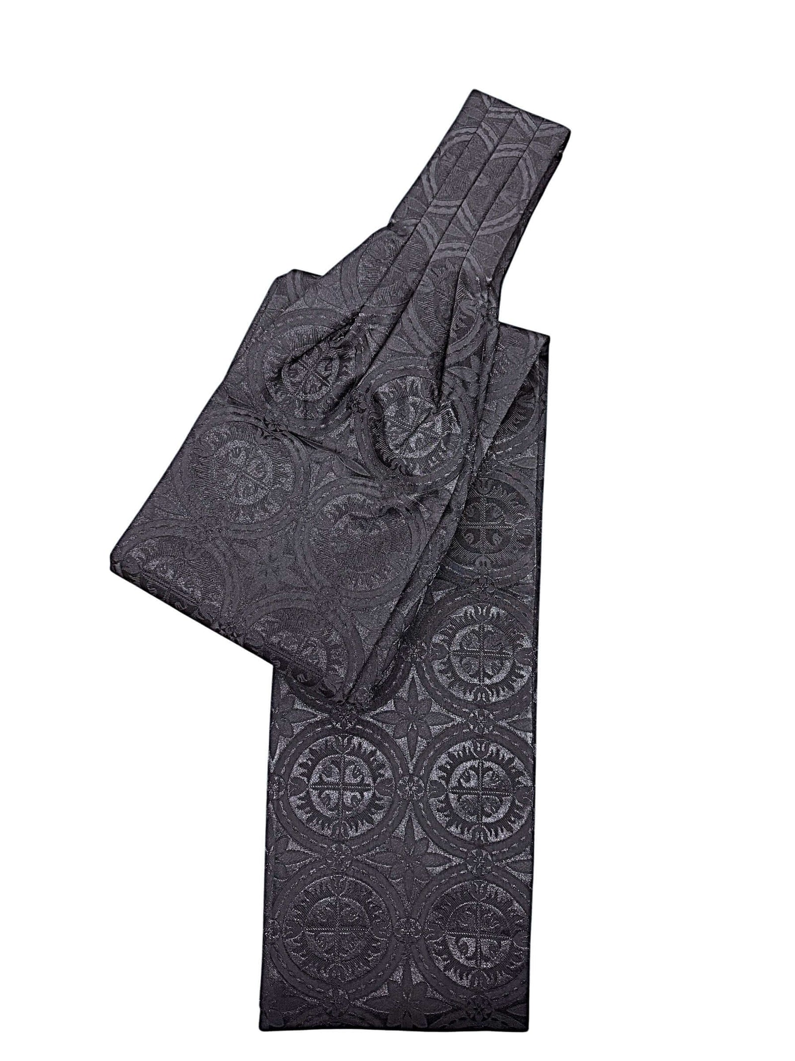 Brocade Tippet In Black featuring a pleated design and self-lined finish for clergy attire.