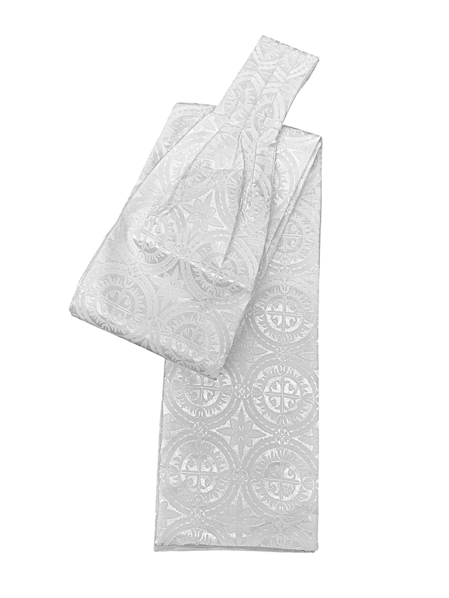 Brocade Tippet In White, elegant clergy vestment, 50-inch length with pleated center and self-lined for durability.