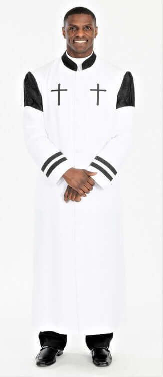 Hoshea Clergy Robe For Men In White & Black worn by a smiling man, features embroidered crosses and cuff detail.