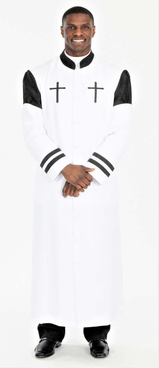Hoshea Clergy Robe For Men In White & Black worn by a smiling man, featuring embroidered crosses and striped cuffs.
