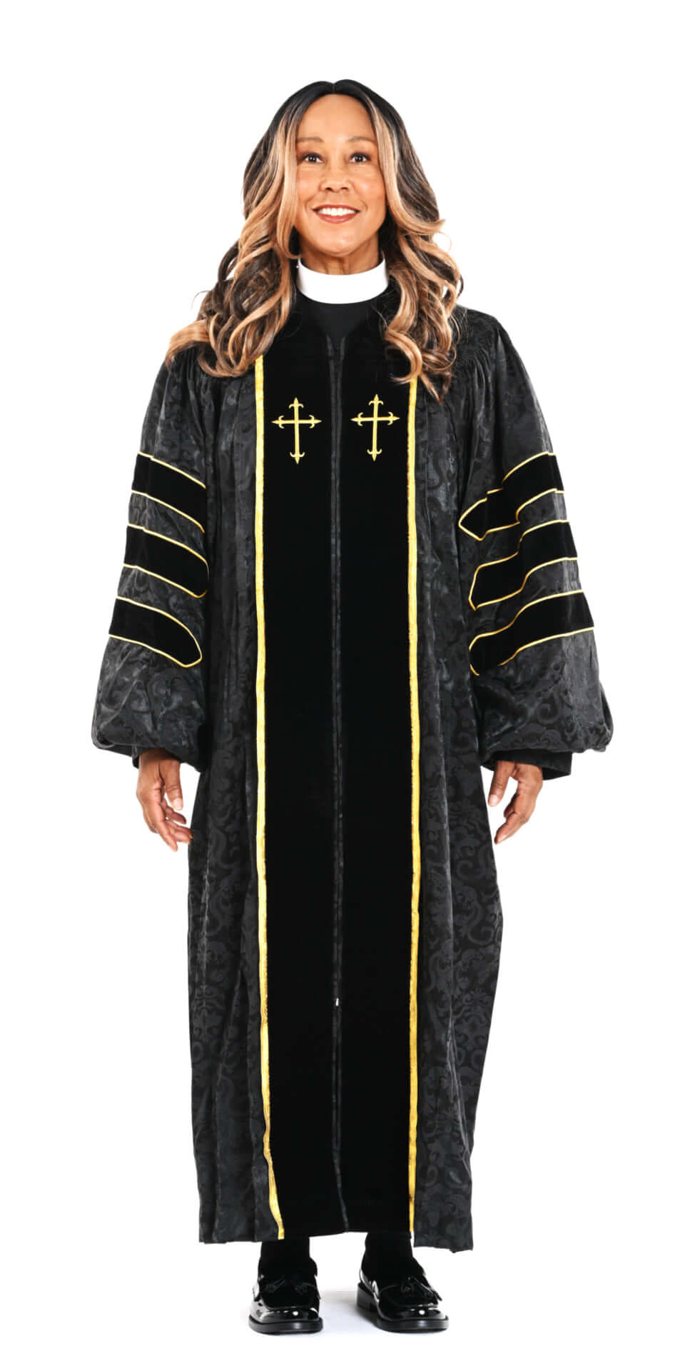 Ladies Doctoral RT Wesley Pulpit Robe in Black & Gold worn by a smiling woman with long hair.