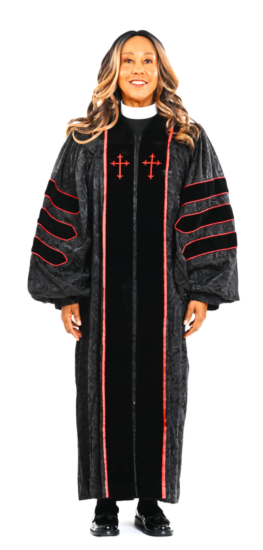 Ladies Doctoral RT Wesley Pulpit Robe in Black & Red displayed on a model, showcasing its elegant design and details.