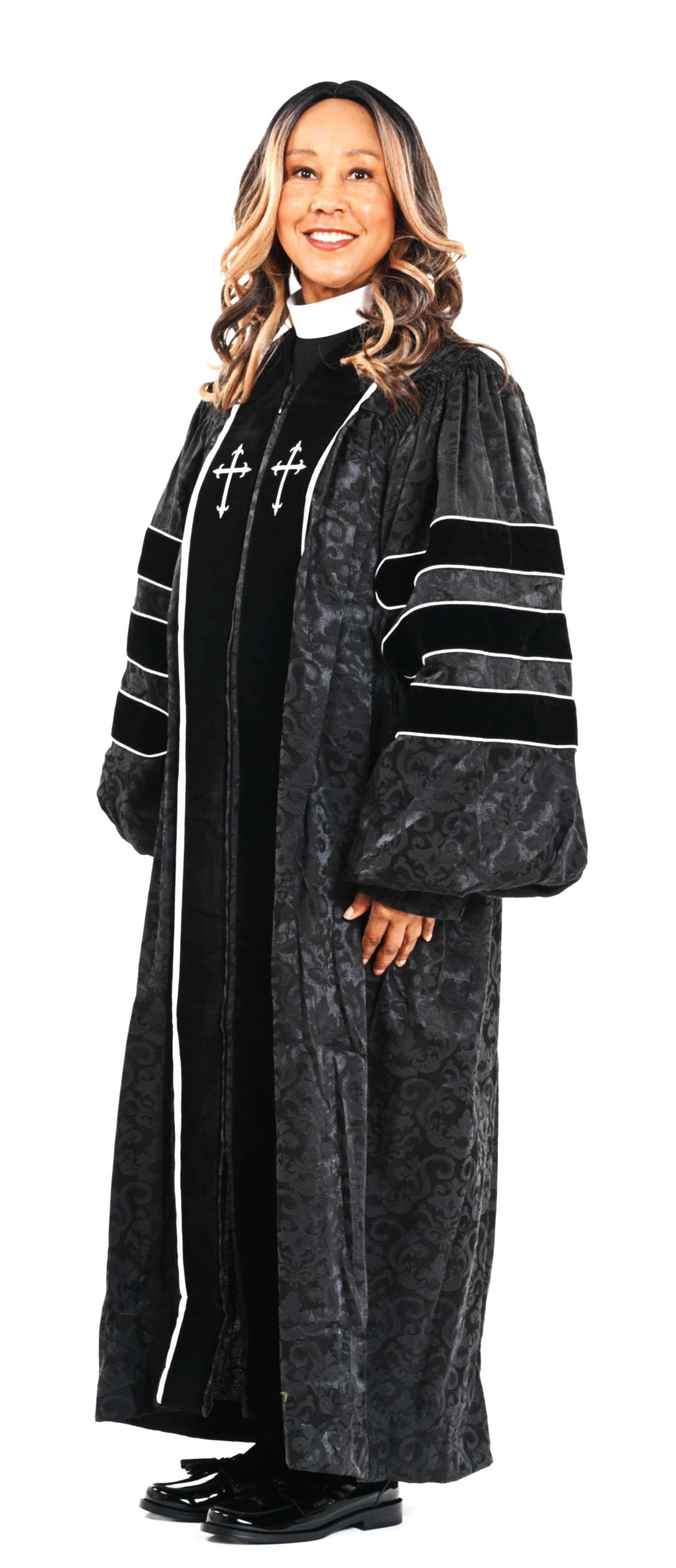 Ladies Doctoral RT Wesley Pulpit Robe in Black & White worn by a woman, featuring velvet panels and metallic trim.