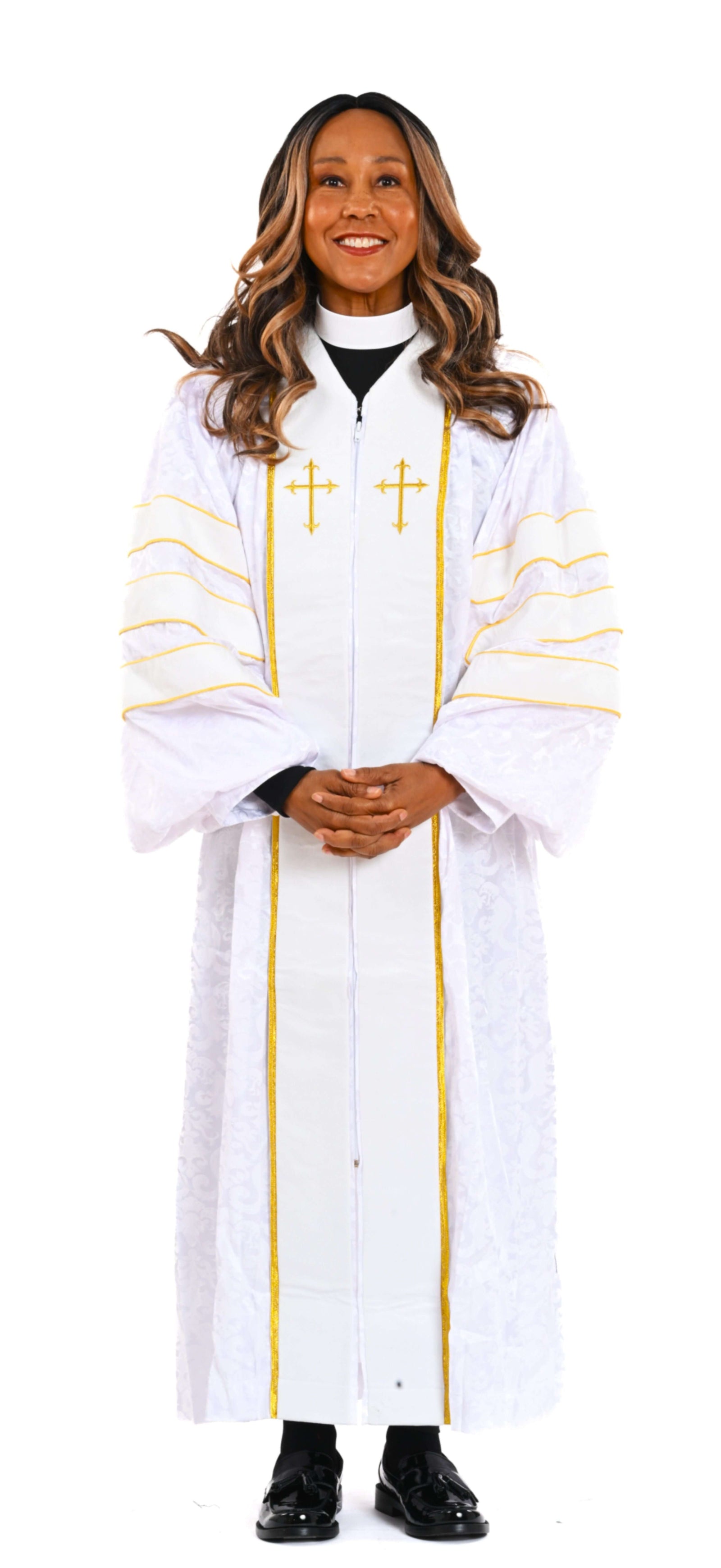 Ladies Doctoral RT Wesley Pulpit Robe in White & Gold modeled by a smiling woman, showcasing elegant design and details.