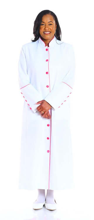 Rachel Clergy Robe For Ladies In White & Fuschia, full length robe with contrast trim and buttons.