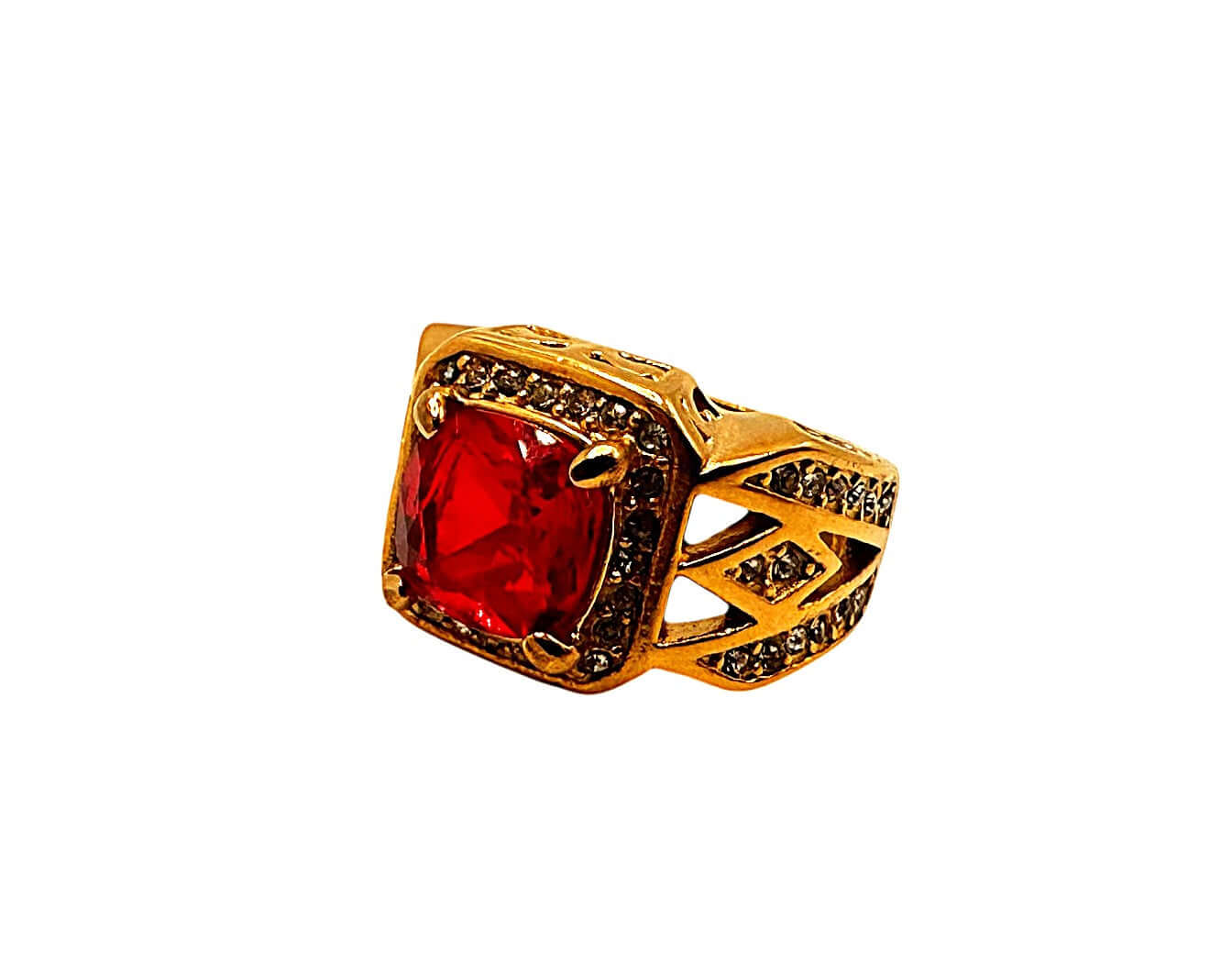 Ladies Ring in Gold & Red featuring a large red stone and intricate tracery, sizes 7-12, high fashion design.