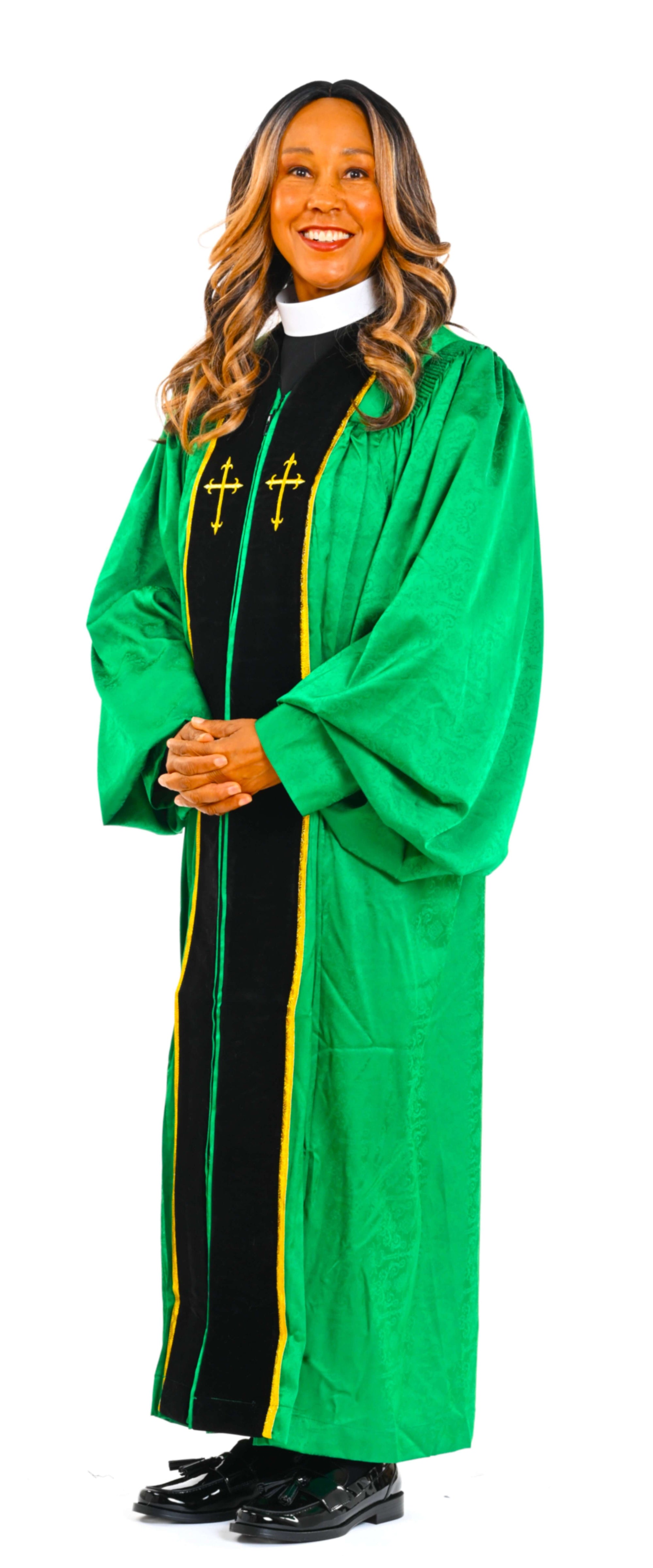 Ladies RT Wesley Pulpit Robe in Green & Black worn by a woman with long hair, smiling, in a church setting.