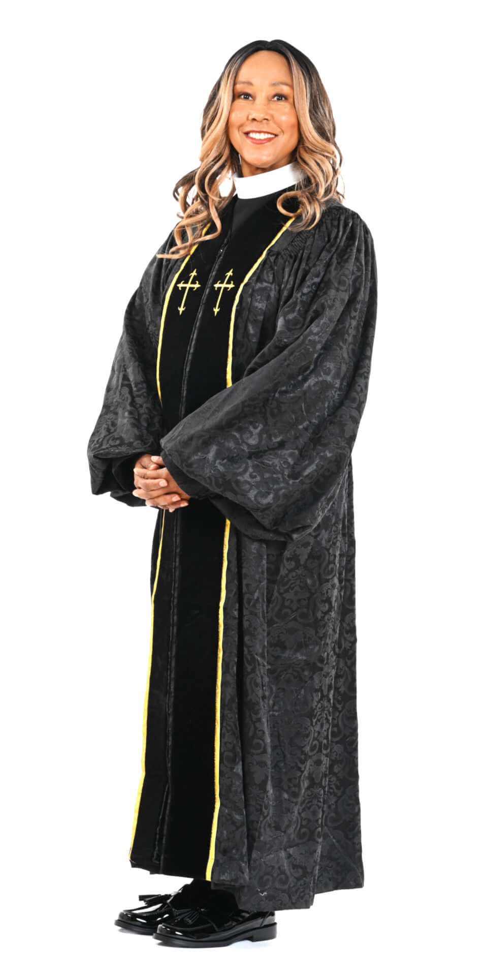Ladies RT Wesley Pulpit Robe in Black & Gold, featuring brocade material and metallic ribbon trim.