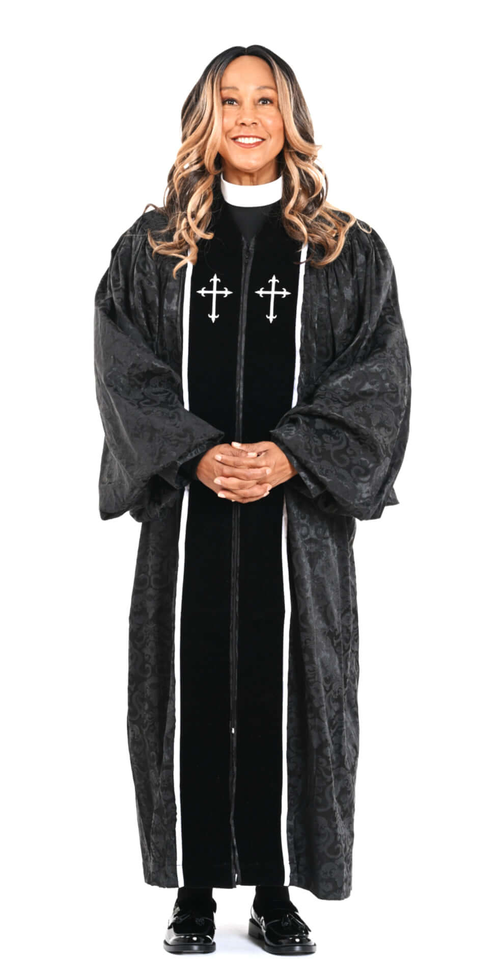 Ladies RT Wesley Pulpit Robe in Black & White worn by a model, showcasing its elegant design and flared crosses.
