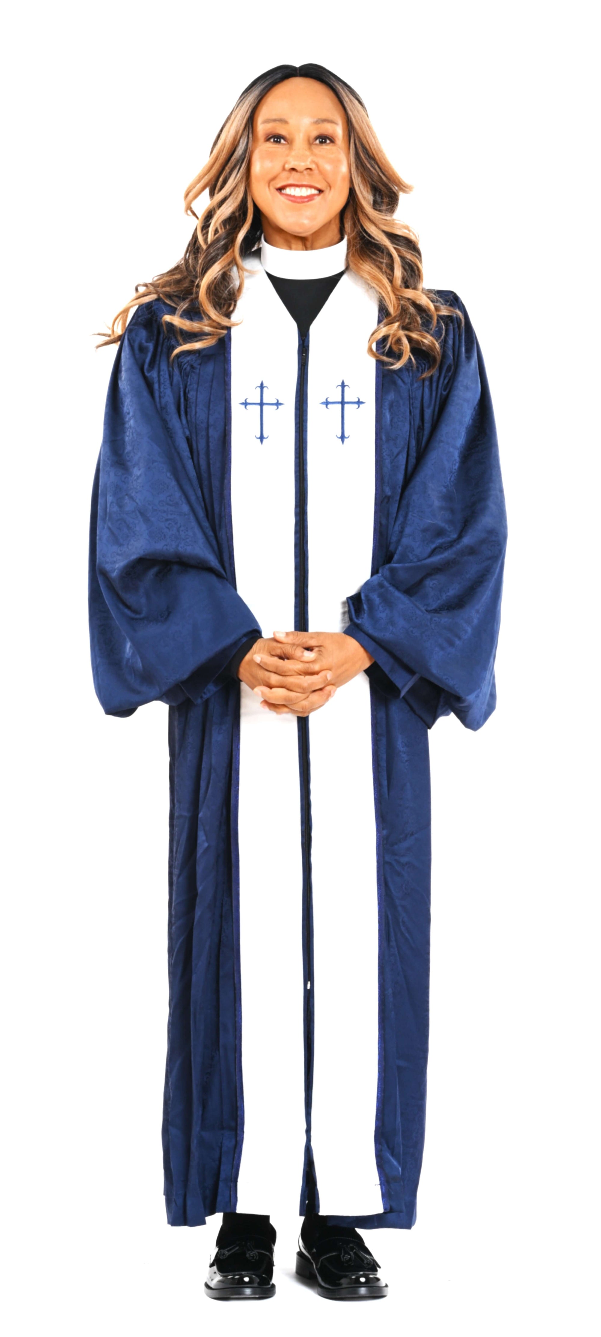 Ladies RT Wesley Pulpit Robe in Navy & White worn by a smiling woman with crossed arms.