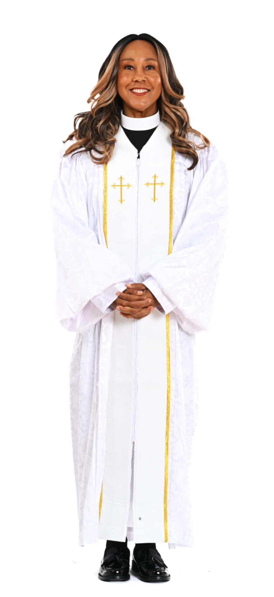 Ladies RT Wesley Pulpit Robe in White & Gold, featuring brocade material and metallic ribbon trim.