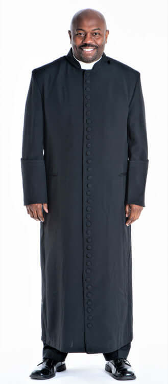 Men's 33-Button Roman Cassock In Black worn by a smiling clergy member, showcasing the traditional design and elegance.