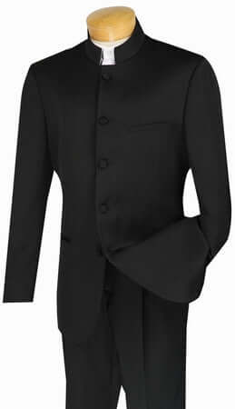 Men's 5-Button Banded Collar Clerical Suit In Black displayed on a mannequin with flap pocket.
