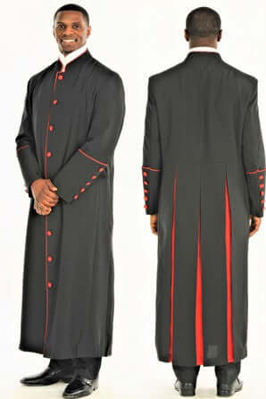 Men's Adam Clergy Robe in Black & Red featuring stylish trim and buttons, triple-pleats for a contemporary look.